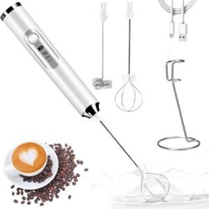 Espumador de leche eléctrico con 2 batidores, acero inoxidable apto para uso alimentario, batidora de mano de 3 velocidades para café con leche, capuchino, matcha y huevos.